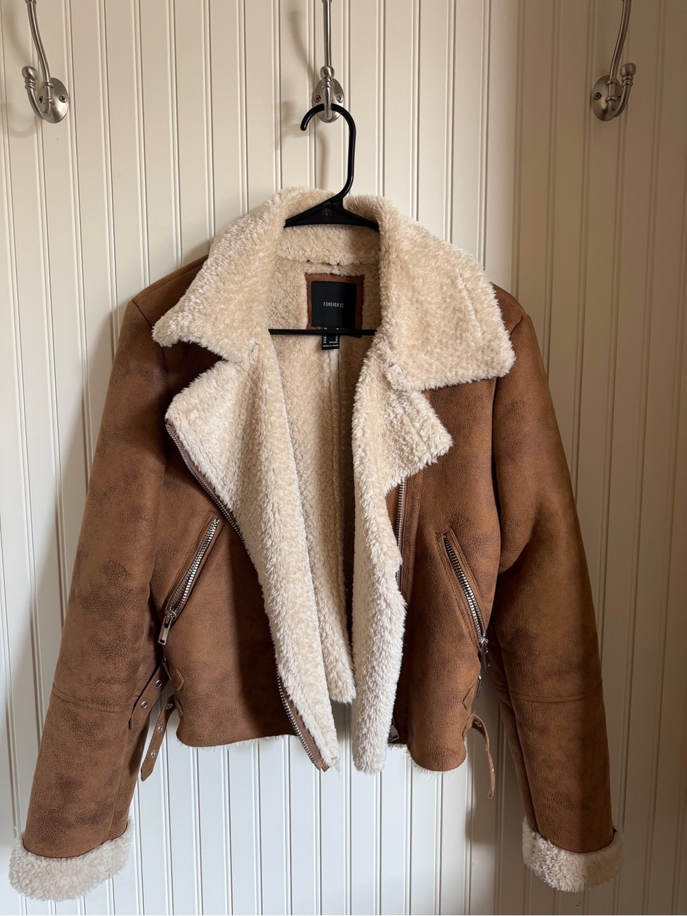 Faux Shearling Lined Brown Moto Jacket